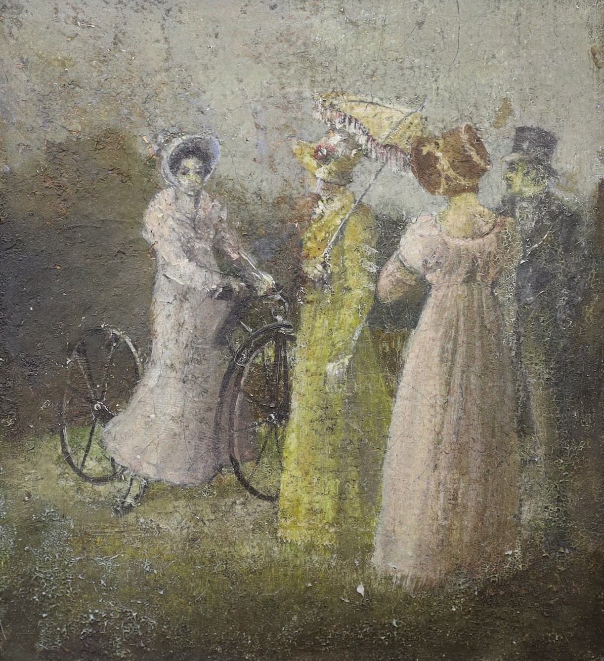 Cycling interest. An early Victorian oil on panel with figures admiring a woman riding an early bicycle, 15 x 13.5 cm